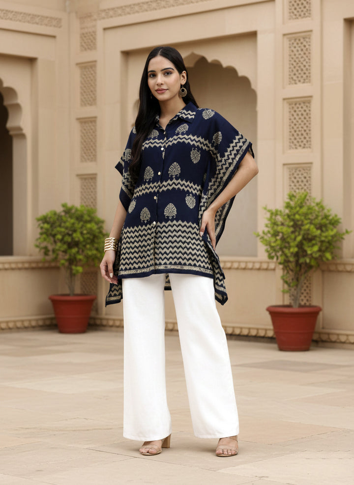 Navy Blue Cotton Kaftan Top