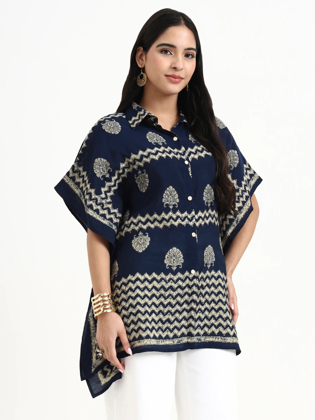 Navy Blue Cotton Kaftan Top