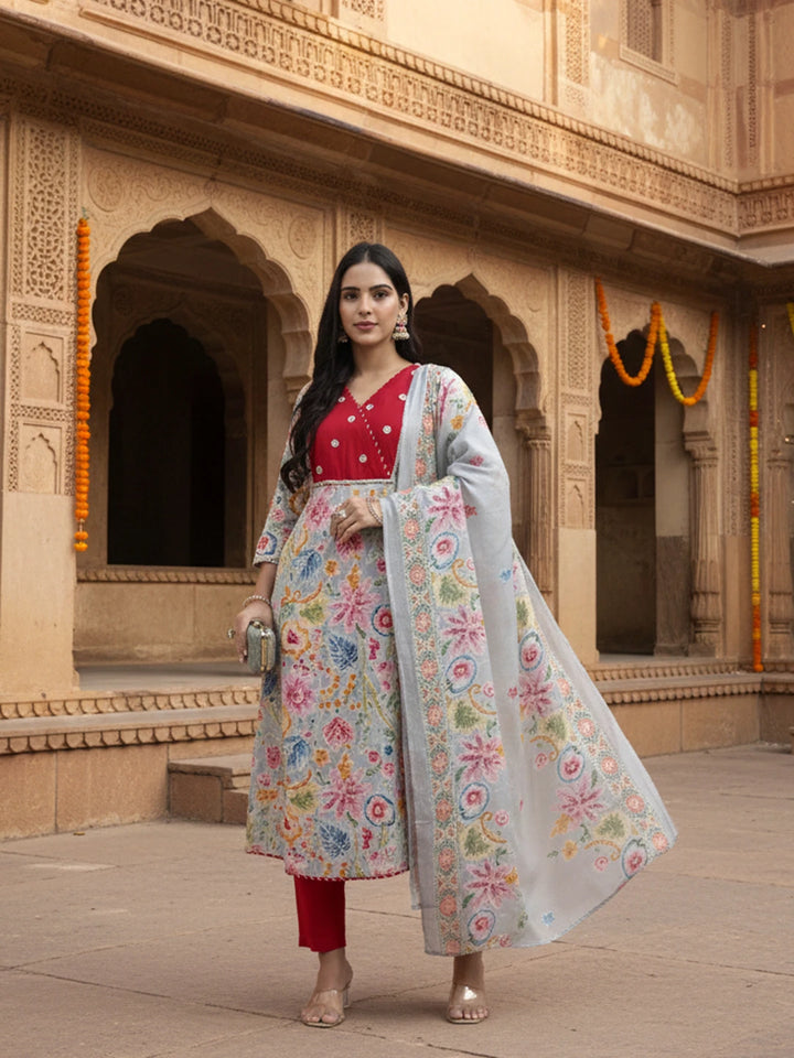 Grey Lensing A Line Latest Yoke Design Kurta Pant Dupatta Set