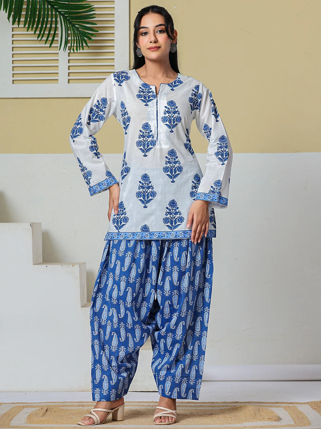 White Cotton Straight Short Kurta Farsi Salwar Set