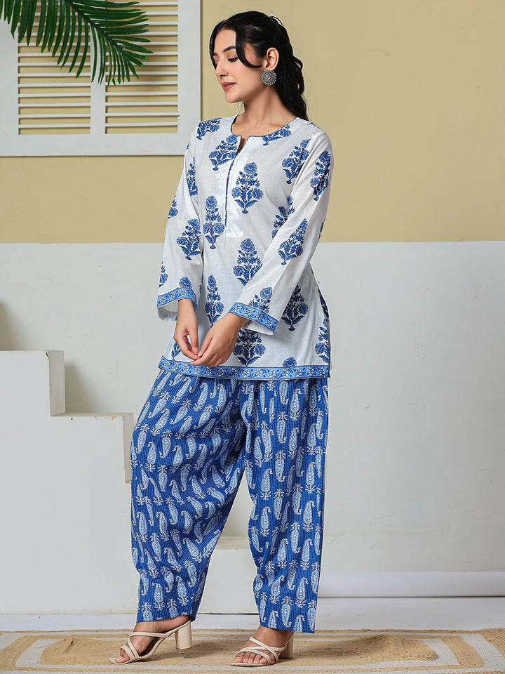 White Cotton Straight Short Kurta Farsi Salwar Set