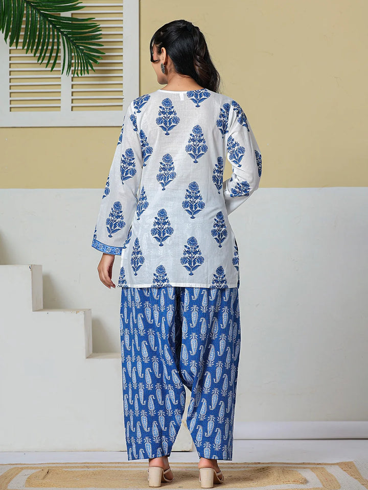 White Cotton Straight Short Kurta Farsi Salwar Set