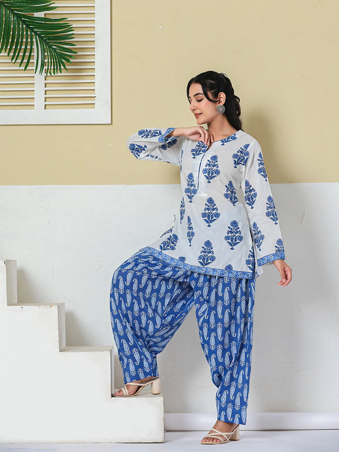 White Cotton Straight Short Kurta Farsi Salwar Set
