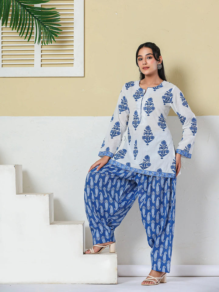 White Cotton Straight Short Kurta Farsi Salwar Set