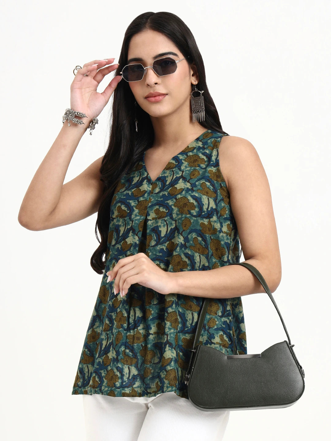 Green Cotton Sleeveless Flare Top