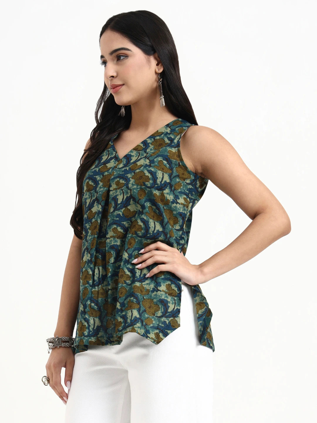 Green Cotton Sleeveless Flare Top