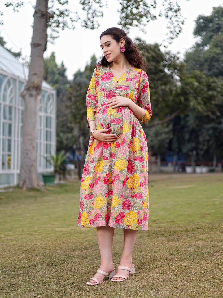 Green Cotton Floral Print Gathered Or Pleated Materinty Dress-Yufta Store-7474DRSGRM