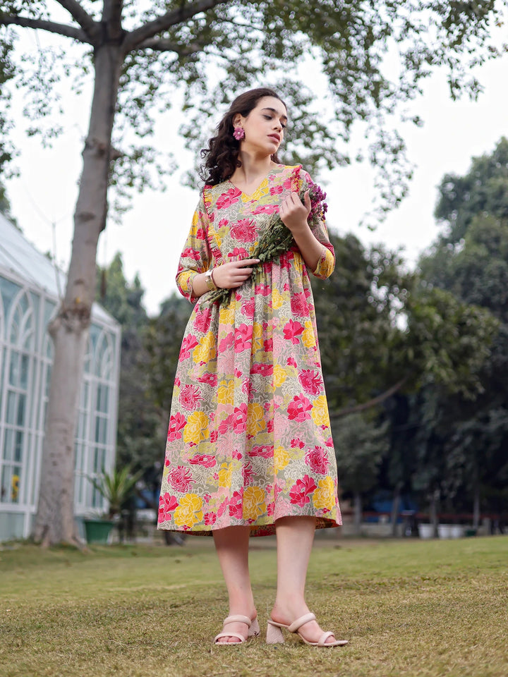 Green Cotton Floral Print Gathered Or Pleated Materinty Dress-Yufta Store-7474DRSGRM