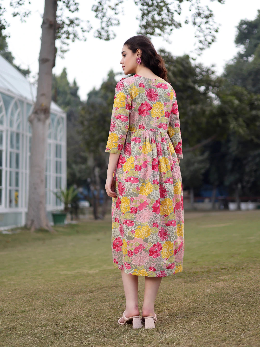 Green Cotton Floral Print Gathered Or Pleated Materinty Dress-Yufta Store-7474DRSGRM