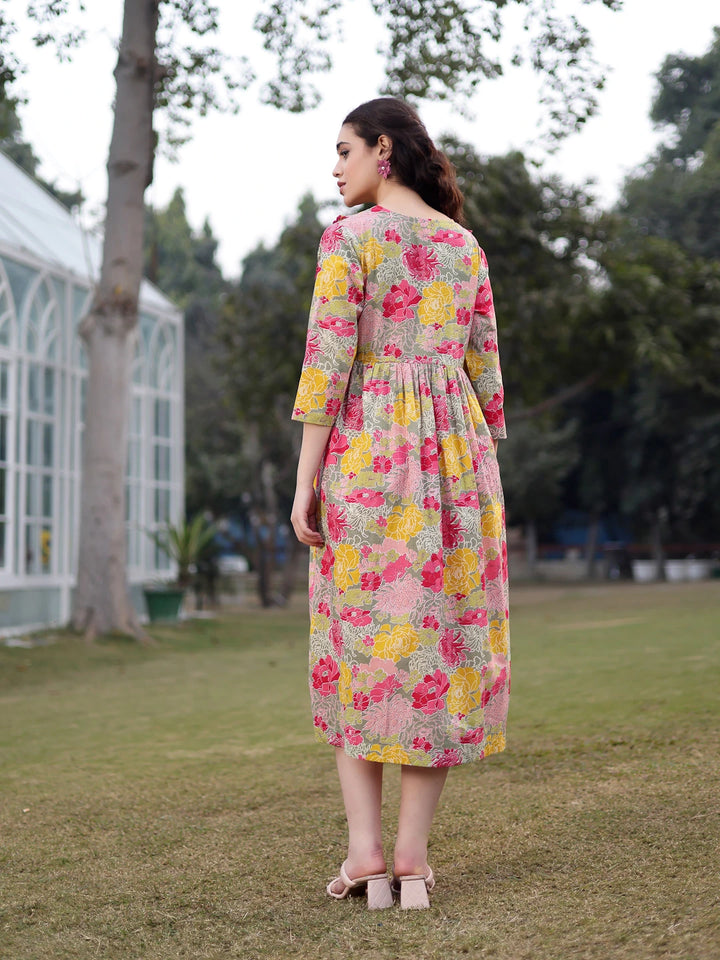 Green Cotton Floral Print Gathered Or Pleated Materinty Dress-Yufta Store-7474DRSGRM