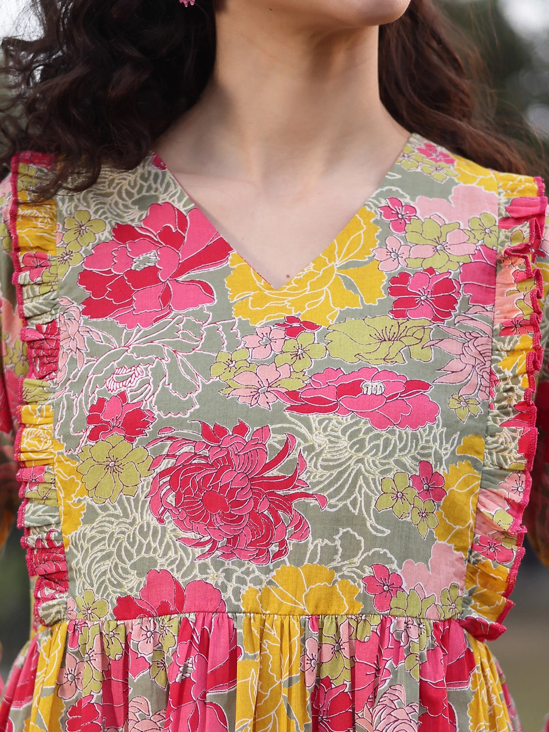 Green Cotton Floral Print Gathered Or Pleated Materinty Dress-Yufta Store-7474DRSGRM