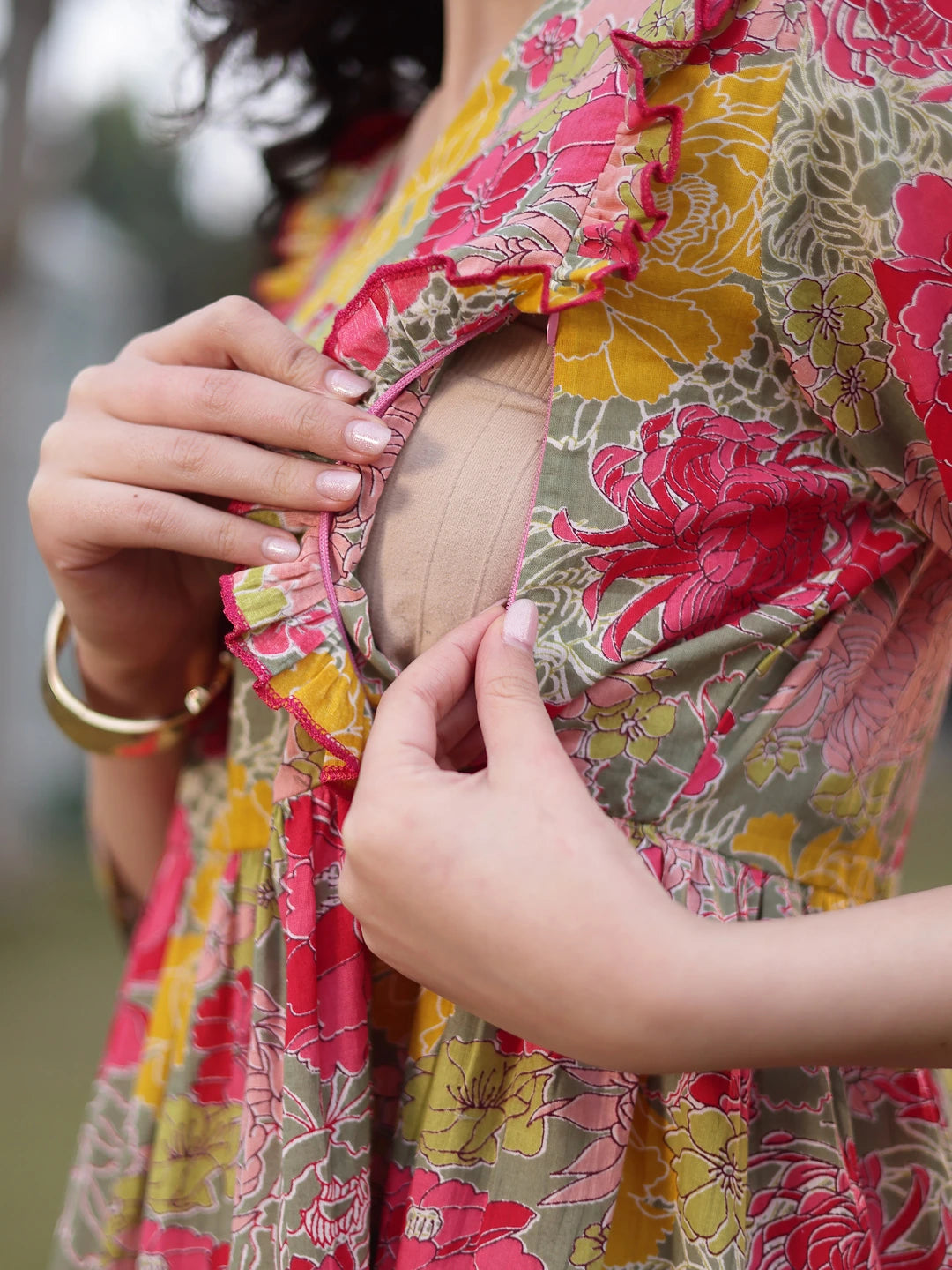 Green Cotton Floral Print Gathered Or Pleated Materinty Dress-Yufta Store-7474DRSGRM