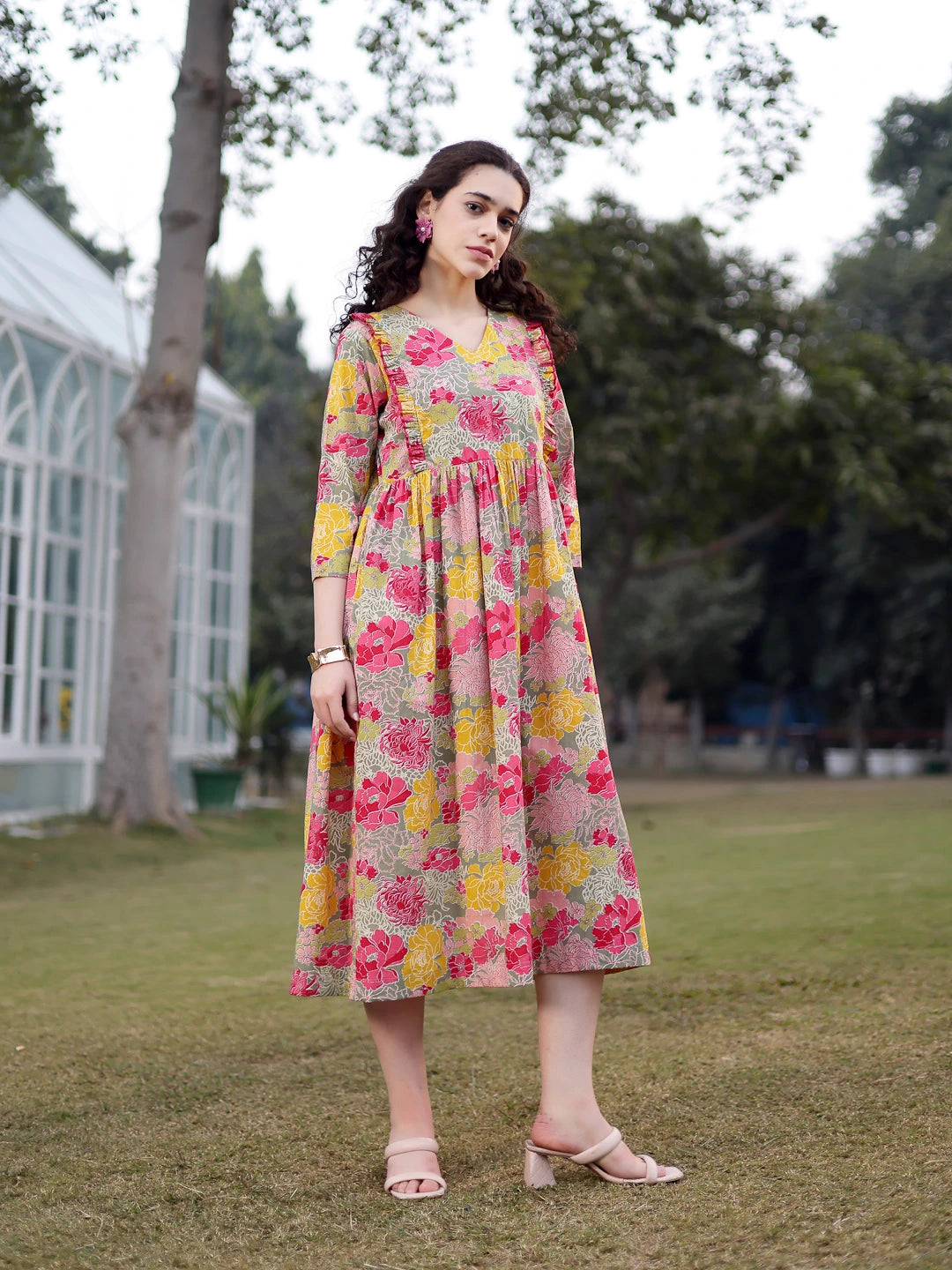 Green Cotton Floral Print Gathered Or Pleated Materinty Dress-Yufta Store-7474DRSGRM