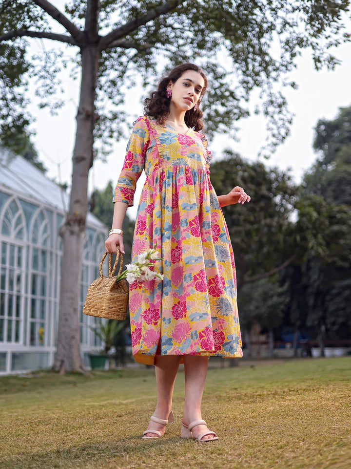 Mustard Cotton Floral Print Gathered Or Pleated Materinty Dress-Yufta Store-7474DRSMSM