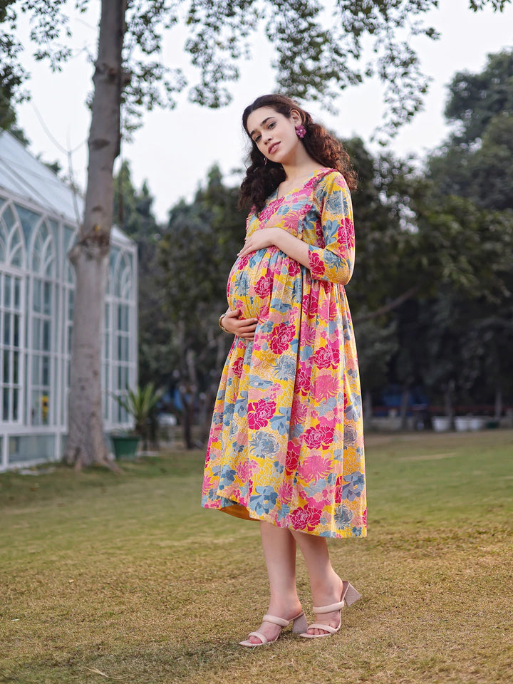 Mustard Cotton Floral Print Gathered Or Pleated Materinty Dress-Yufta Store-7474DRSMSM