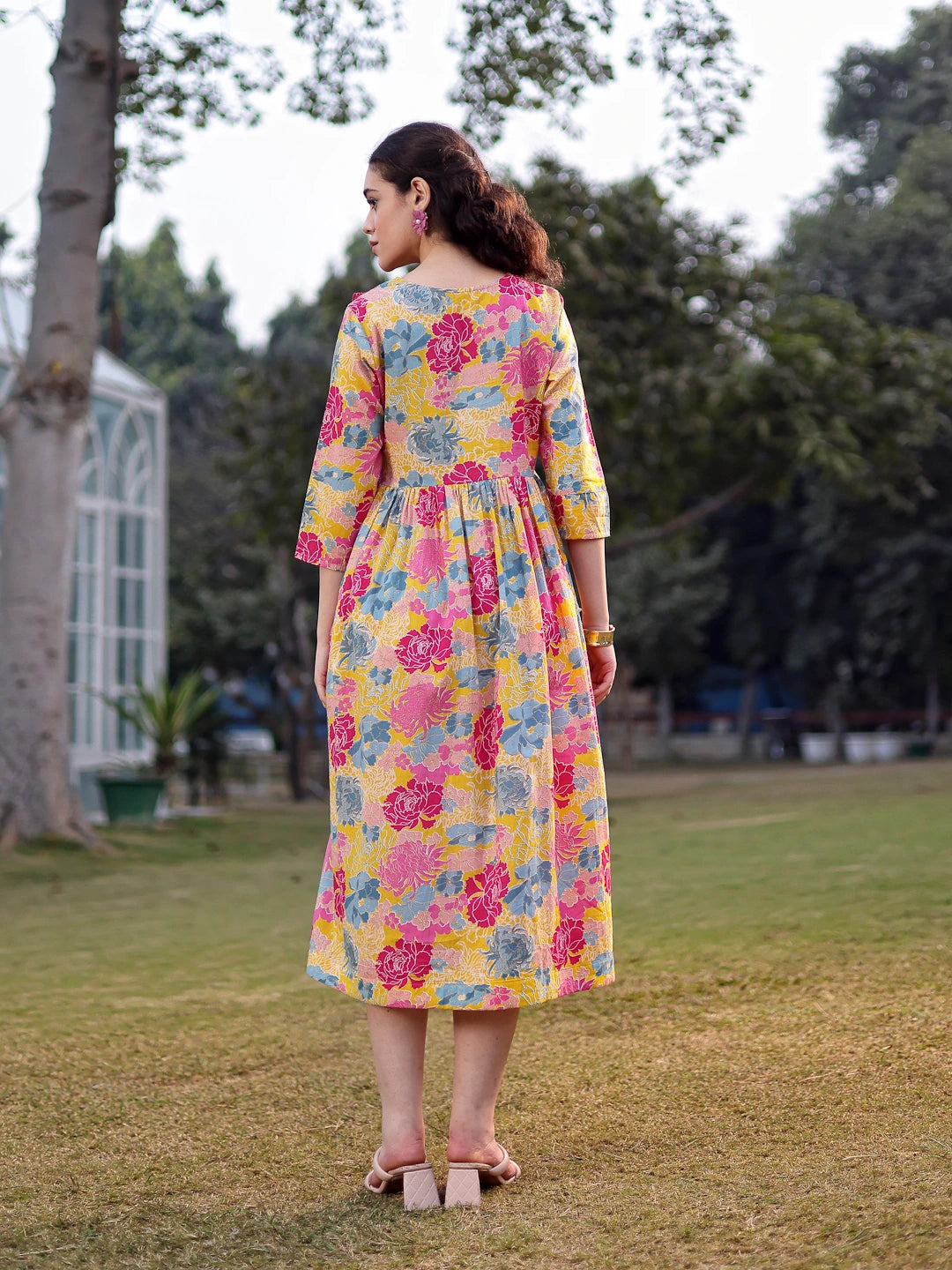 Mustard Cotton Floral Print Gathered Or Pleated Materinty Dress-Yufta Store-7474DRSMSM