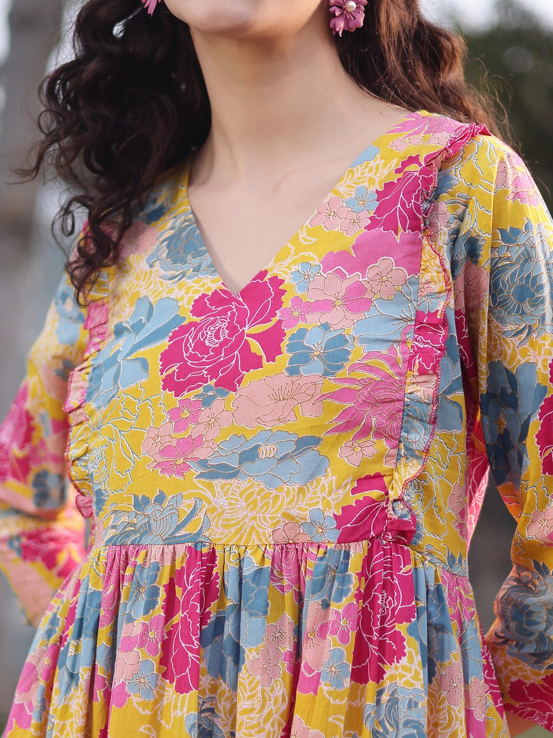 Mustard Cotton Floral Print Gathered Or Pleated Materinty Dress-Yufta Store-7474DRSMSM