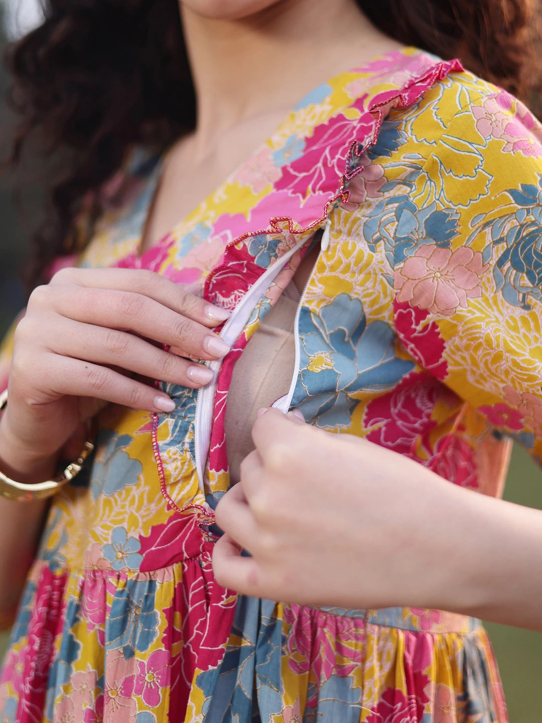 Mustard Cotton Floral Print Gathered Or Pleated Materinty Dress-Yufta Store-7474DRSMSM