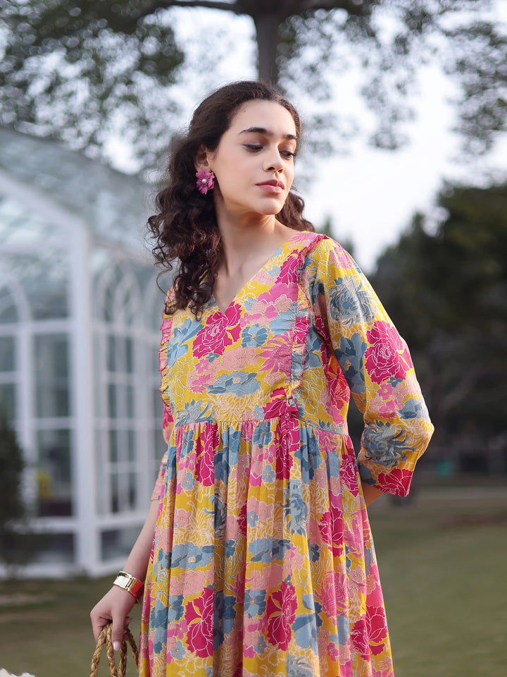 Mustard Cotton Floral Print Gathered Or Pleated Materinty Dress-Yufta Store-7474DRSMSM