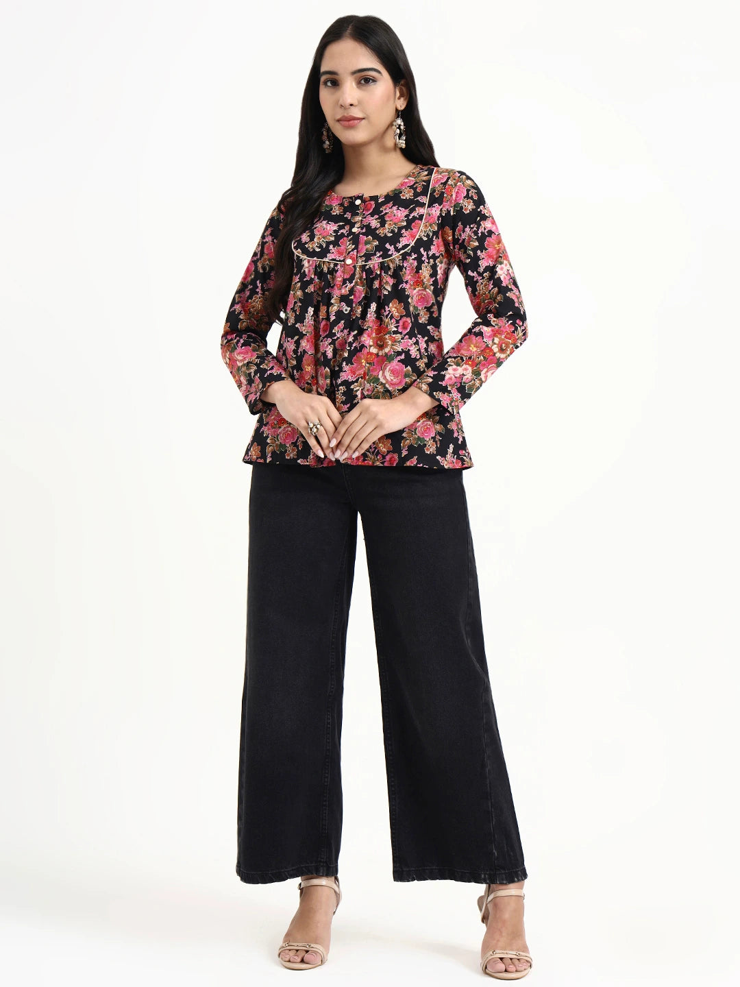 Black And Pink Cotton Flare Top