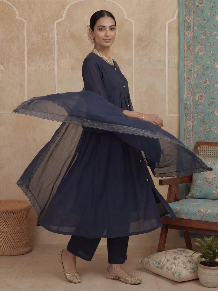 Navy Blue Solid A-Line Front Open Button Kurta Lining Kurta Trouser Dupatta Set