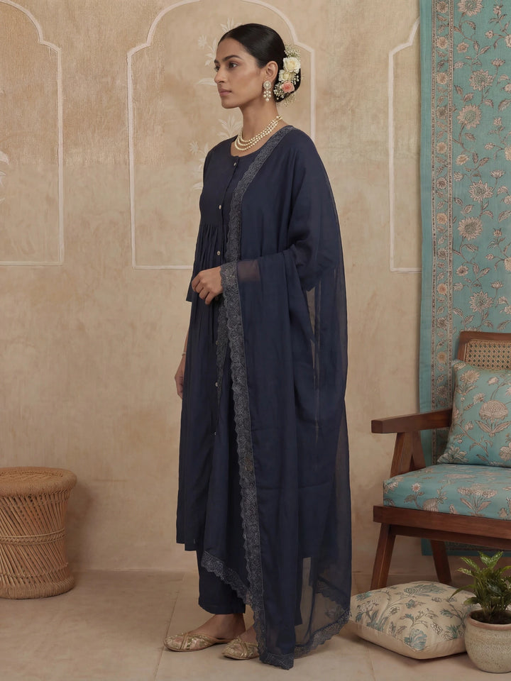 Navy Blue Solid A-Line Front Open Button Kurta Lining Kurta Trouser Dupatta Set