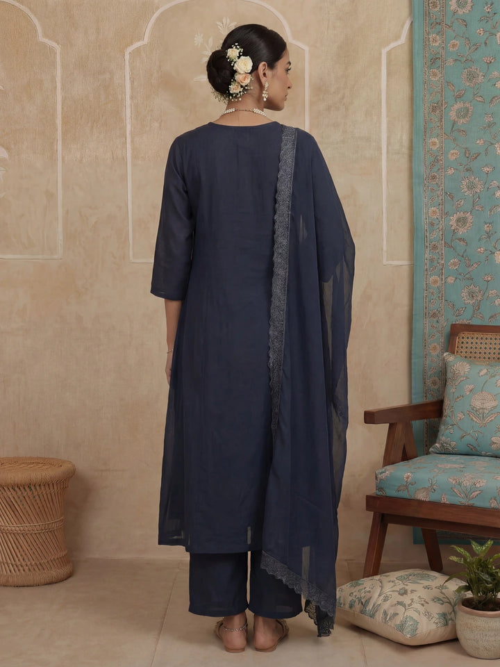 Navy Blue Solid A-Line Front Open Button Kurta Lining Kurta Trouser Dupatta Set