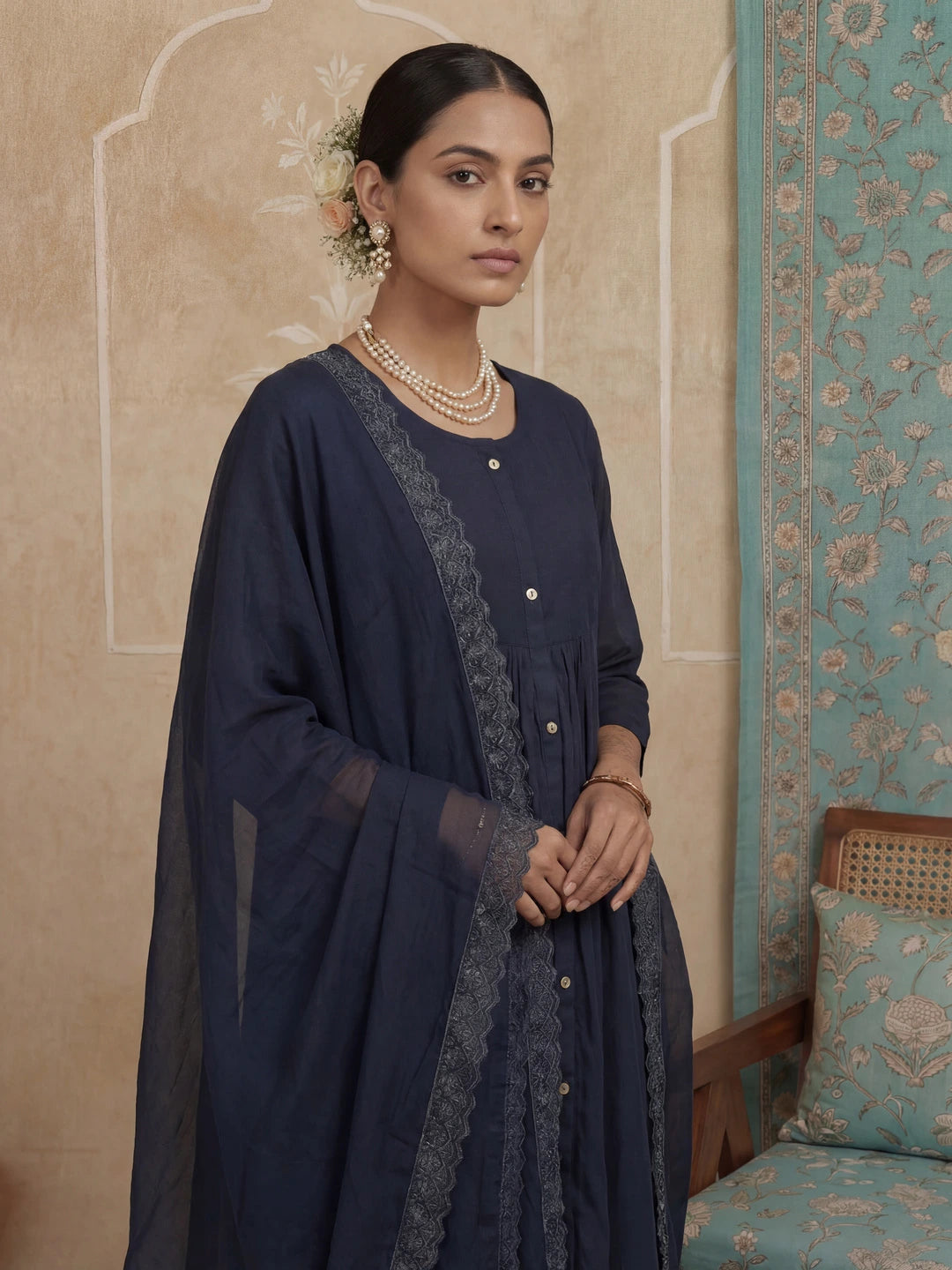 Navy Blue Solid A-Line Front Open Button Kurta Lining Kurta Trouser Dupatta Set