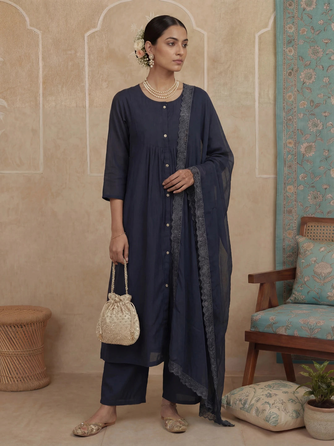 Navy Blue Solid A-Line Front Open Button Kurta Lining Kurta Trouser Dupatta Set