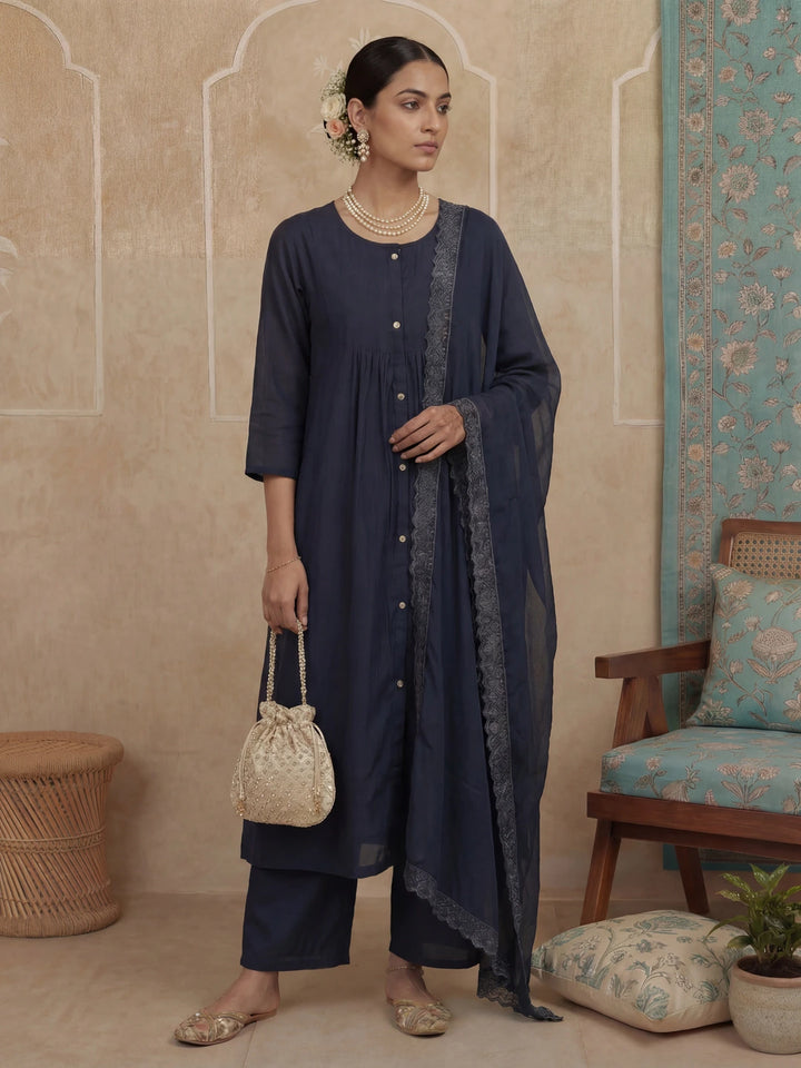 Navy Blue Solid A-Line Front Open Button Kurta Lining Kurta Trouser Dupatta Set