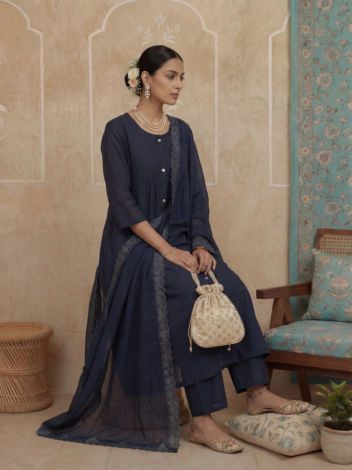Navy Blue Solid A-Line Front Open Button Kurta Lining Kurta Trouser Dupatta Set