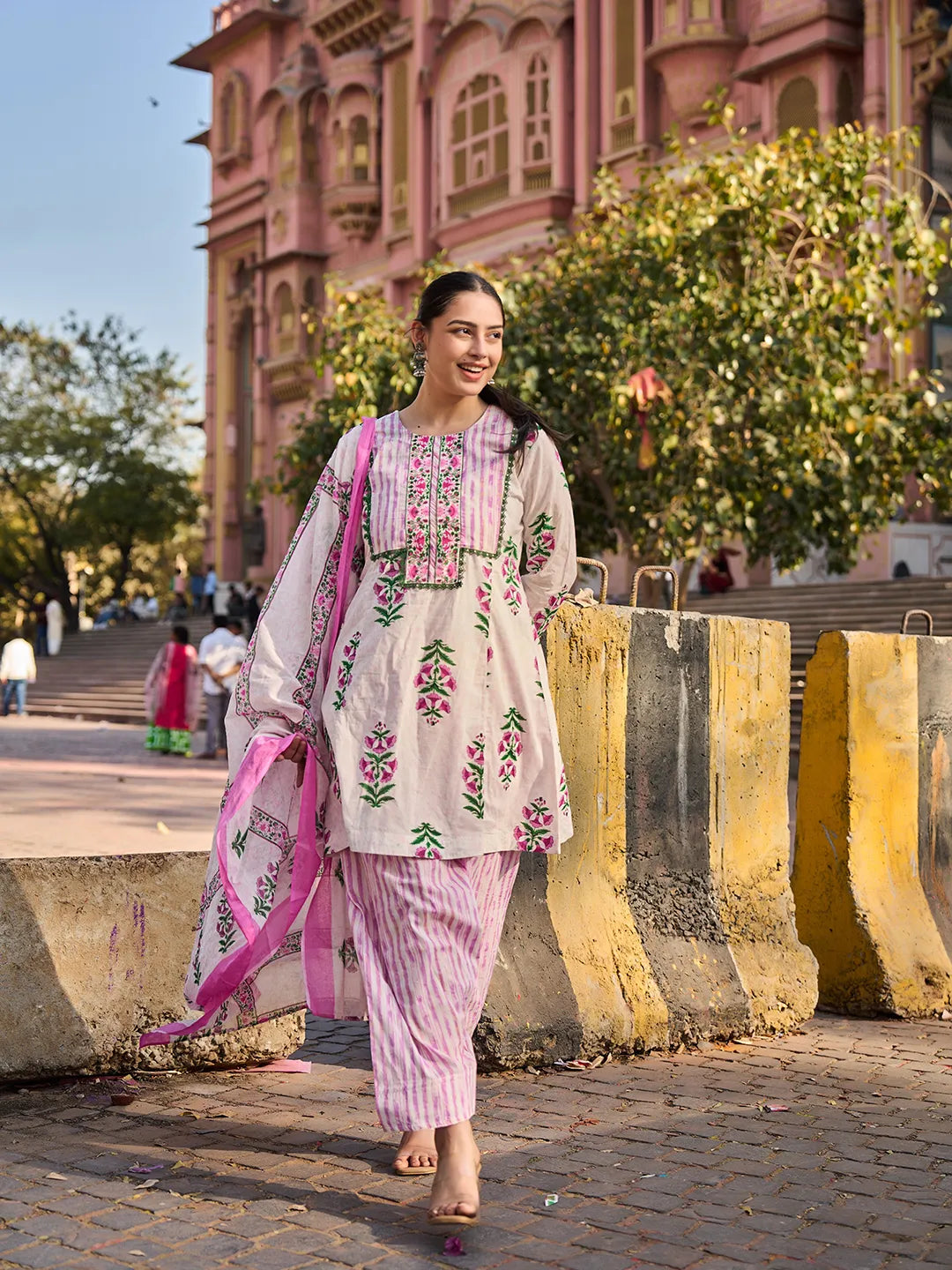 Pink Floral Lace-Work A-Line Kurta Salwar Dupatta Set