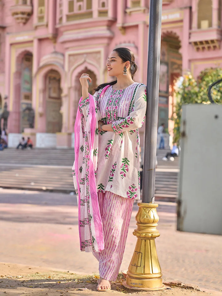 Pink Floral Lace-Work A-Line Kurta Salwar Dupatta Set