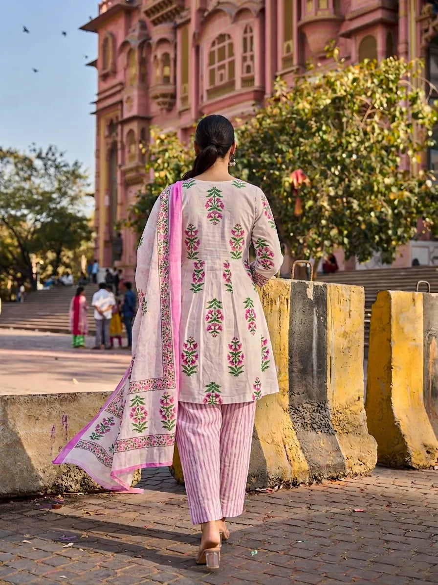Pink Floral Lace-Work A-Line Kurta Salwar Dupatta Set