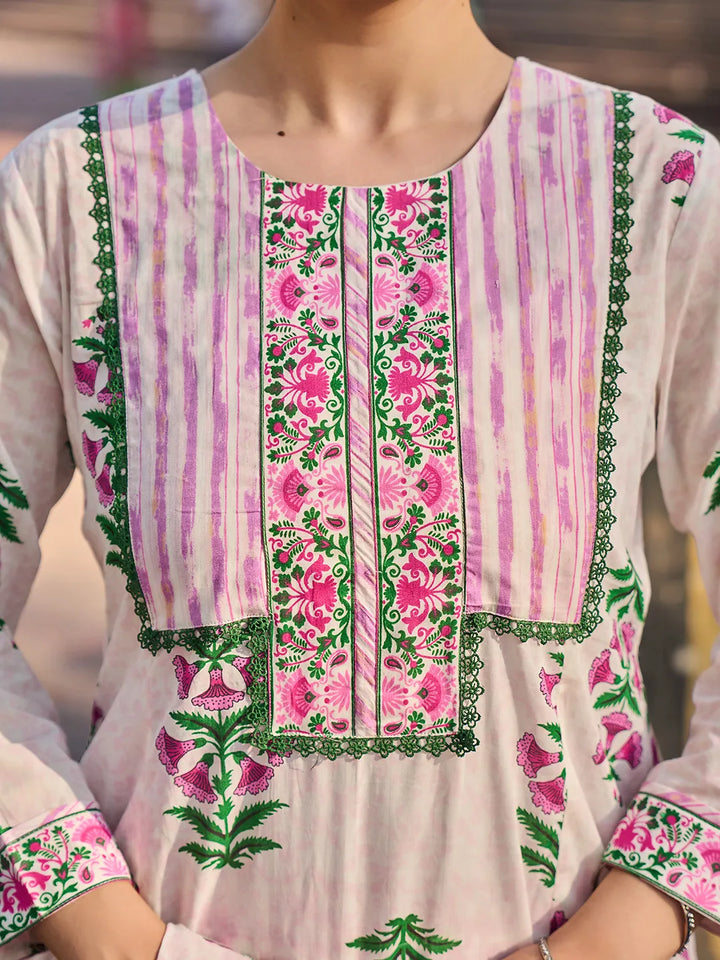 Pink Floral Lace-Work A-Line Kurta Salwar Dupatta Set