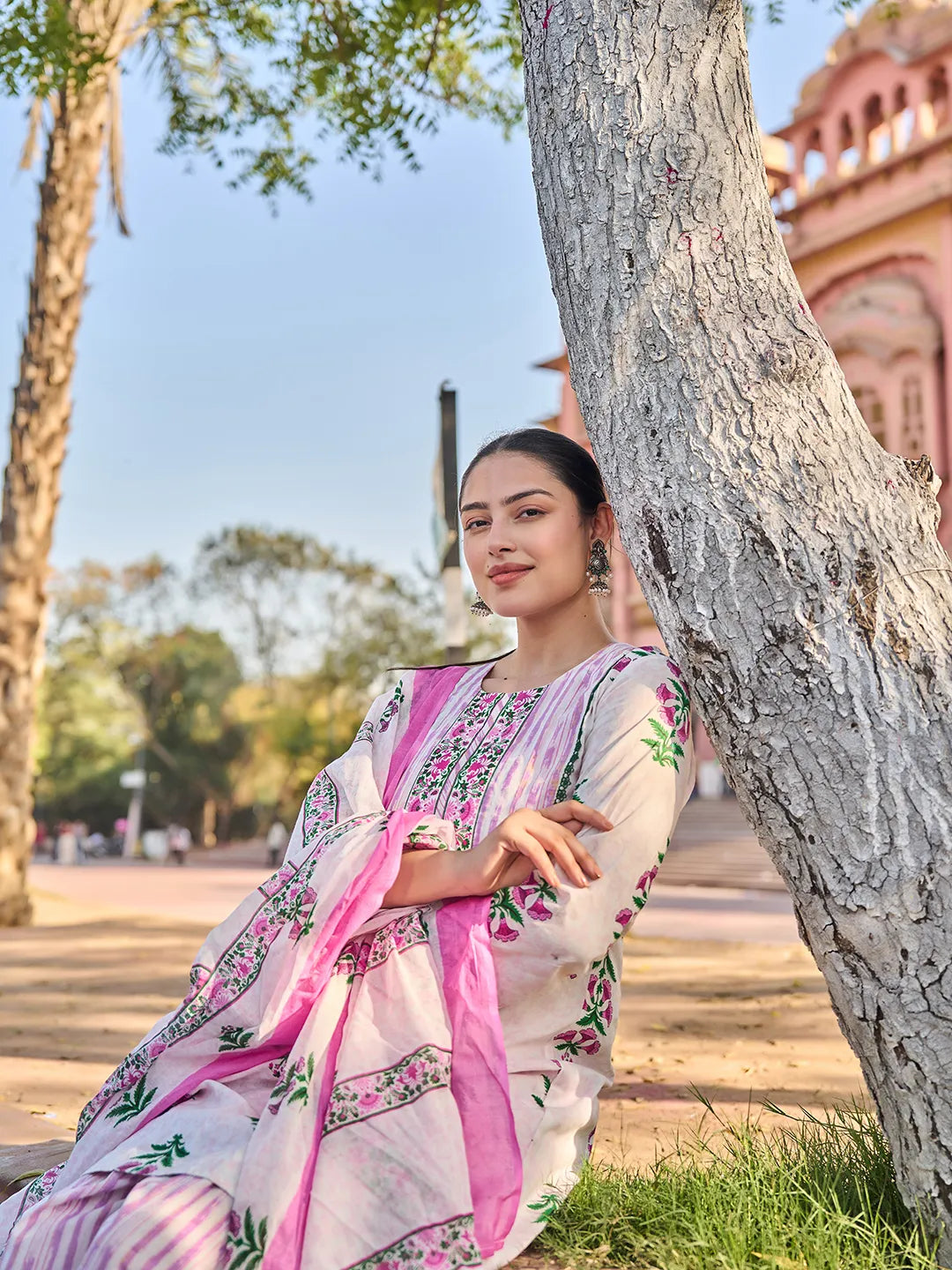 Pink Floral Lace-Work A-Line Kurta Salwar Dupatta Set