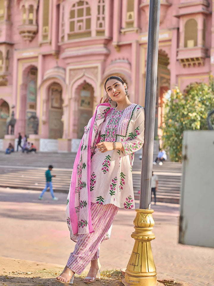 Pink Floral Lace-Work A-Line Kurta Salwar Dupatta Set