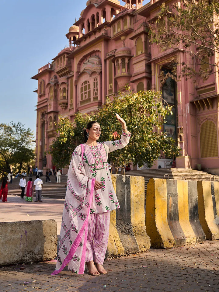 Pink Floral Lace-Work A-Line Kurta Salwar Dupatta Set