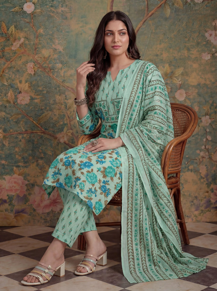 Sea Green Cotton Plus Straight Sequins Work Kurta Pant Dupatta Set