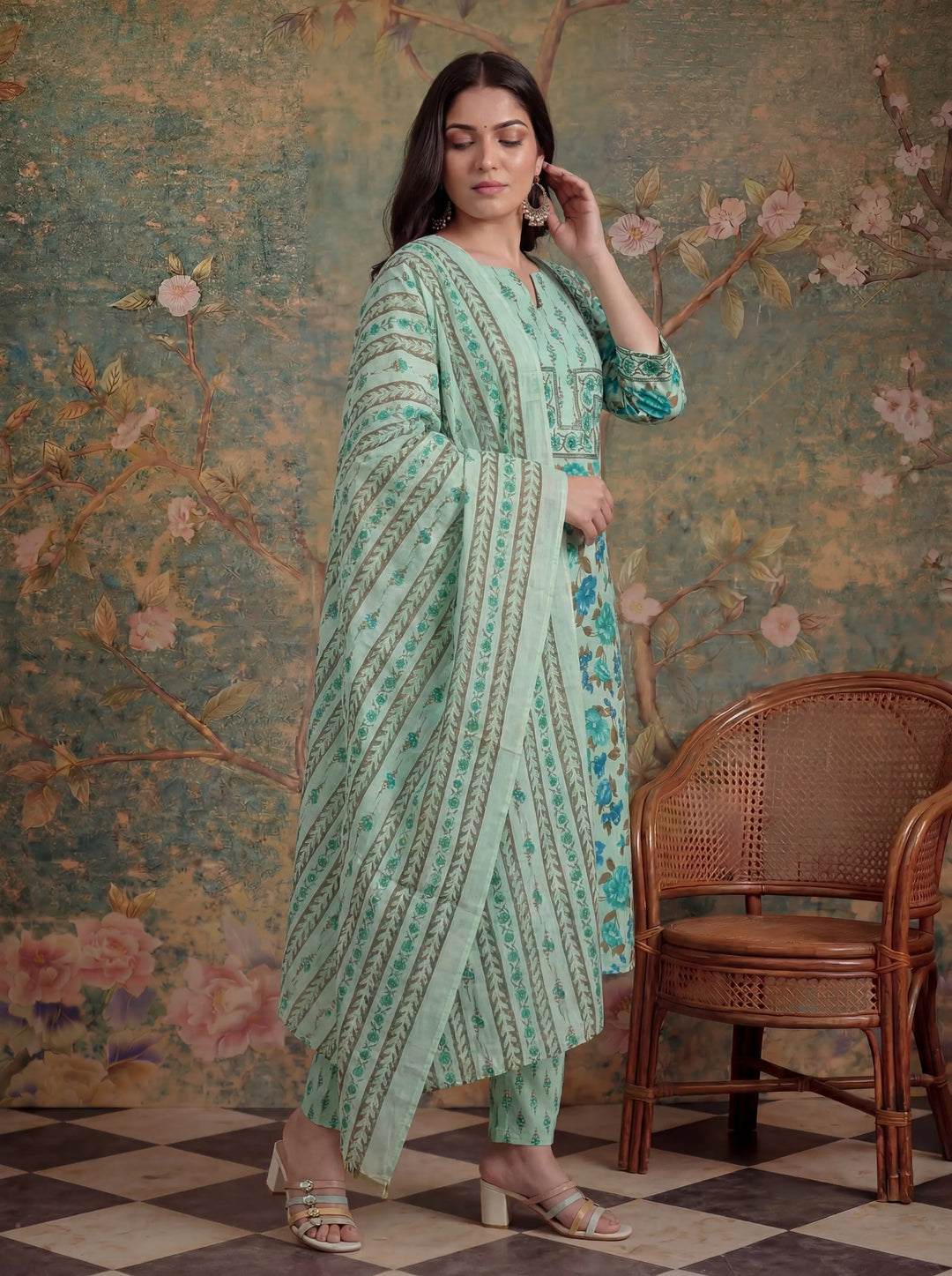 Sea Green Cotton Plus Straight Sequins Work Kurta Pant Dupatta Set