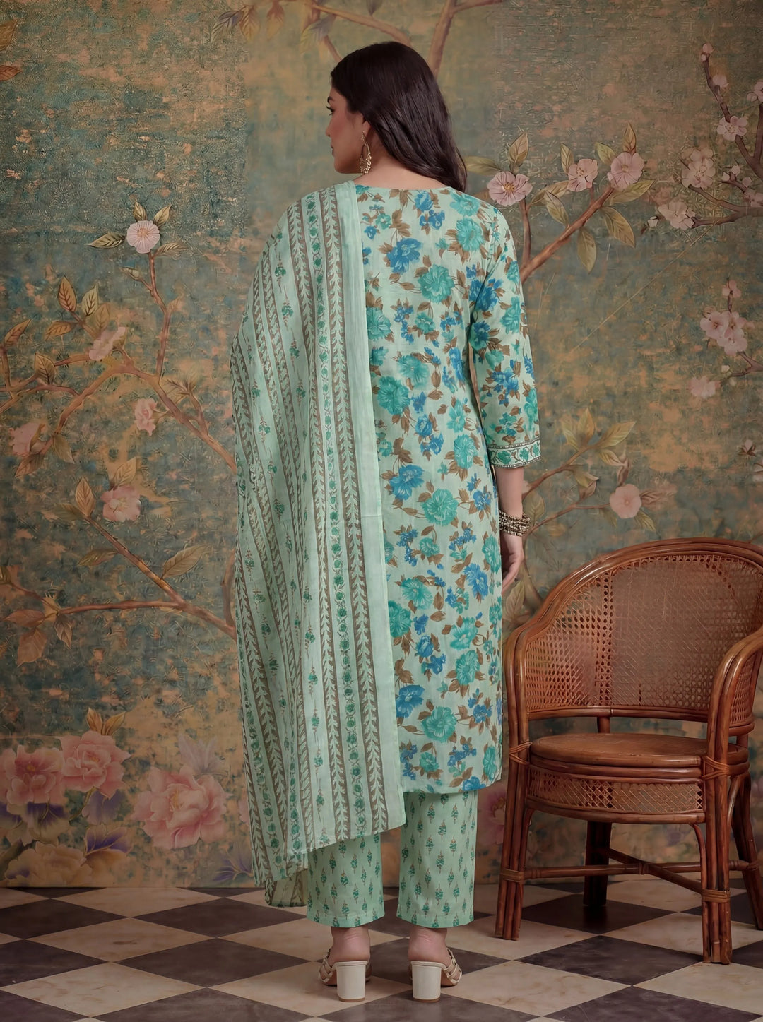 Sea Green Cotton Plus Straight Sequins Work Kurta Pant Dupatta Set