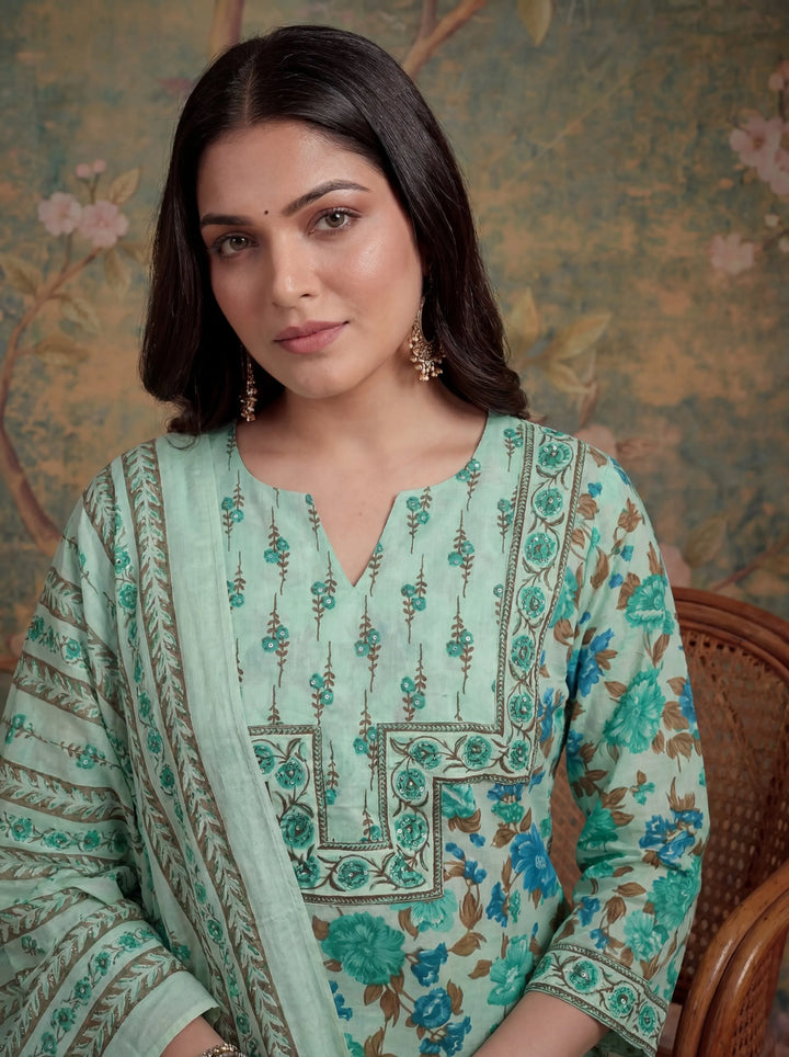 Sea Green Cotton Plus Straight Sequins Work Kurta Pant Dupatta Set