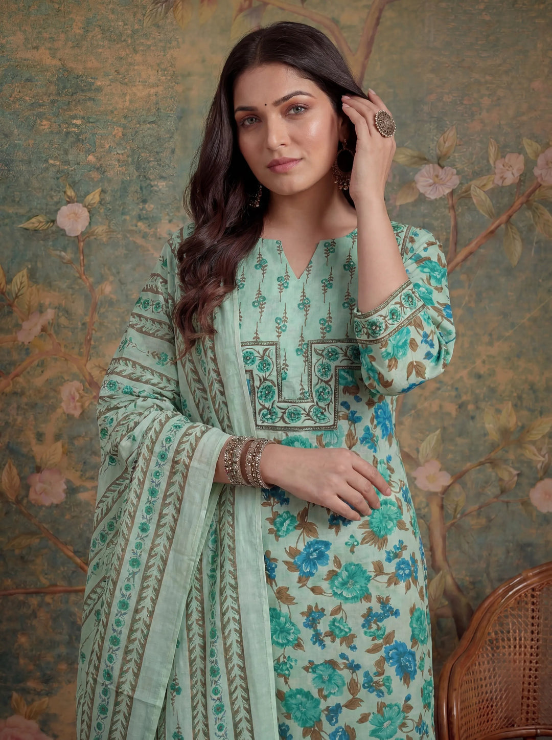 Sea Green Cotton Plus Straight Sequins Work Kurta Pant Dupatta Set