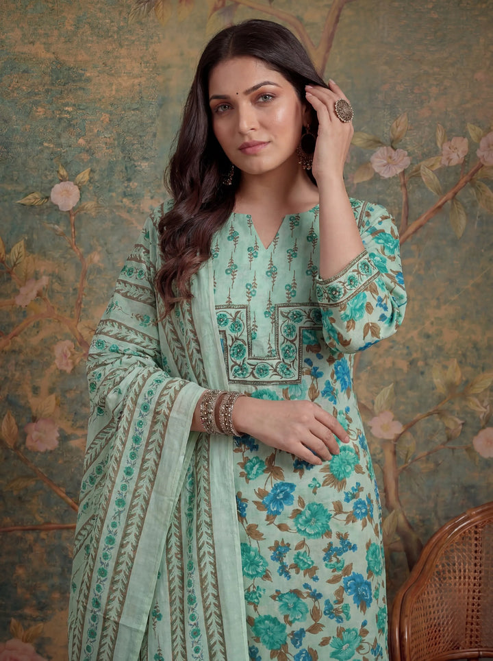 Sea Green Cotton Plus Straight Sequins Work Kurta Pant Dupatta Set