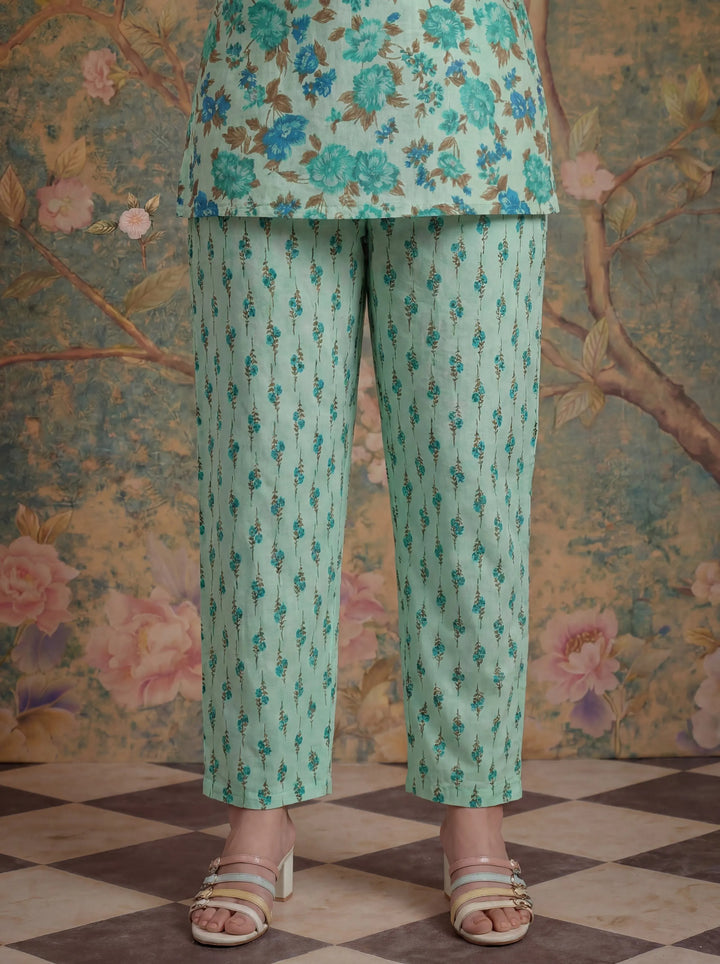 Sea Green Cotton Plus Straight Sequins Work Kurta Pant Dupatta Set