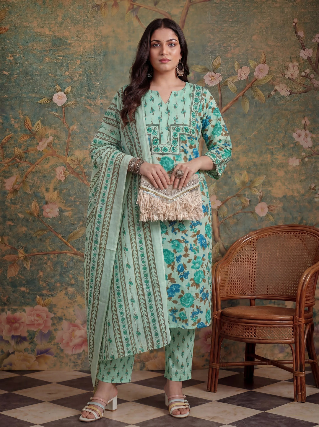 Sea Green Cotton Plus Straight Sequins Work Kurta Pant Dupatta Set