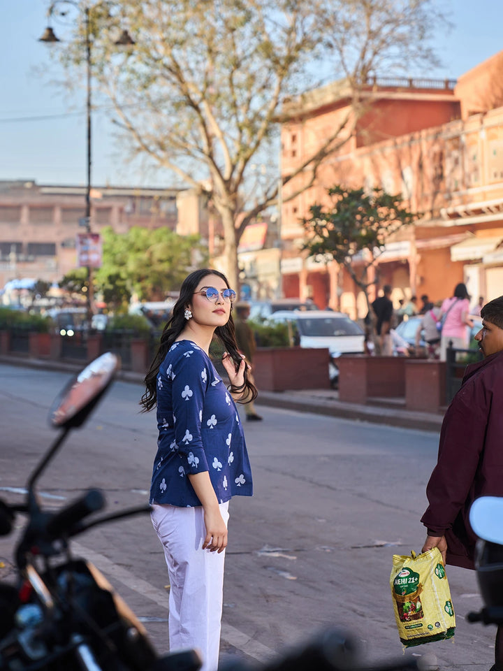 Navy Blue Gathered Or Pleated A-Line Regular Top