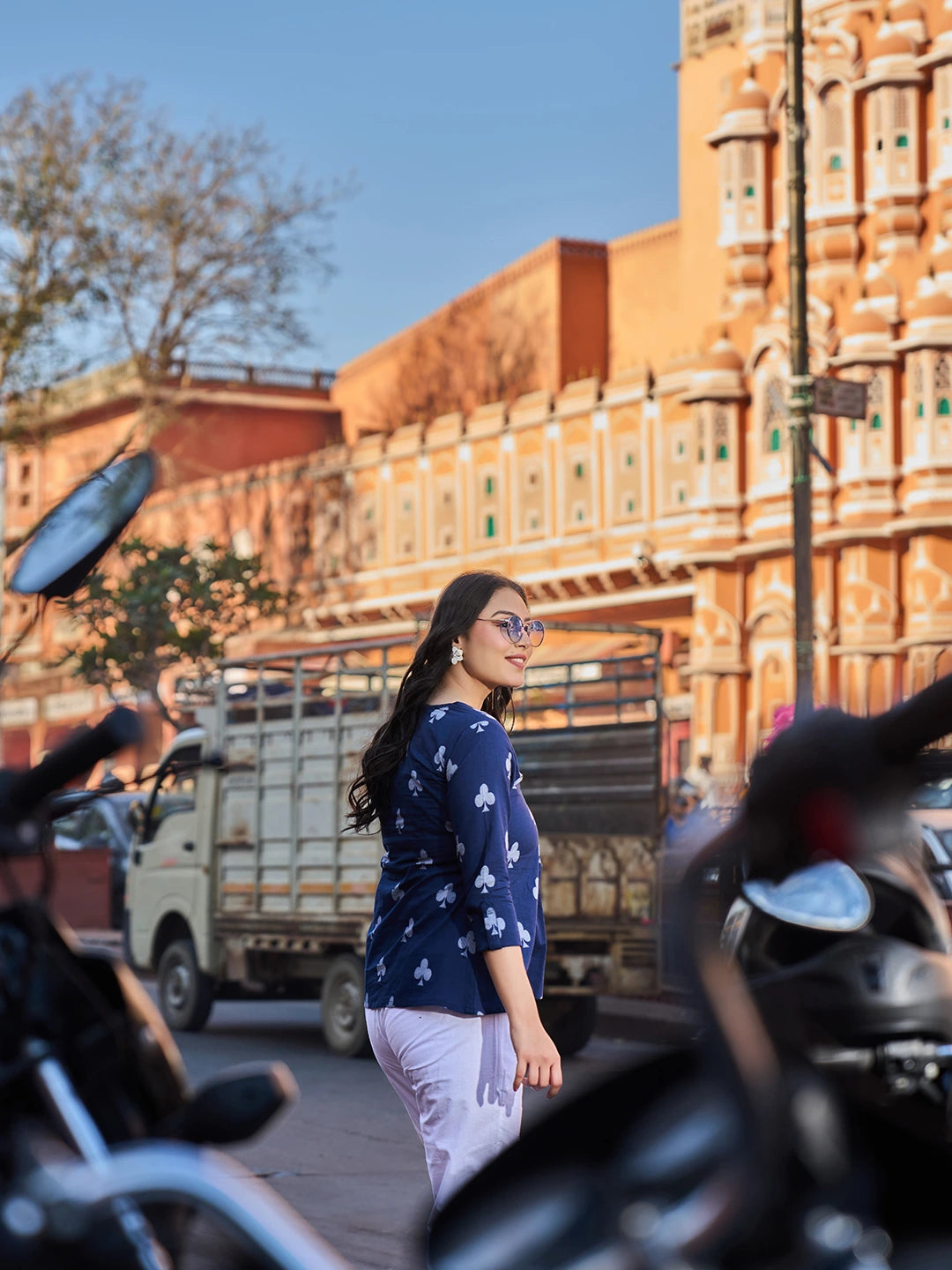 Navy Blue Gathered Or Pleated A-Line Regular Top