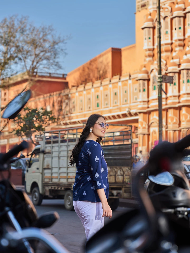 Navy Blue Gathered Or Pleated A-Line Regular Top