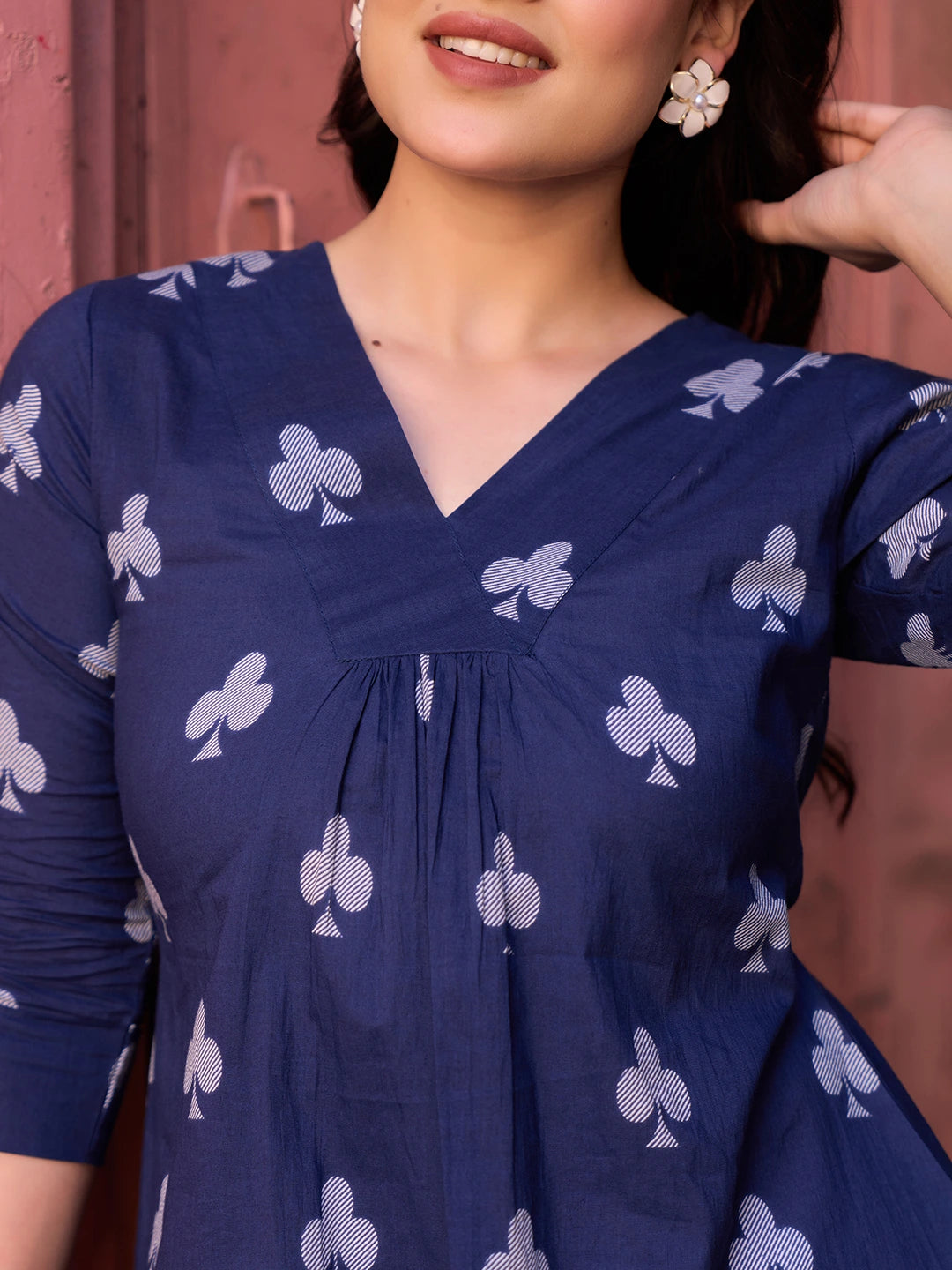 Navy Blue Gathered Or Pleated A-Line Regular Top